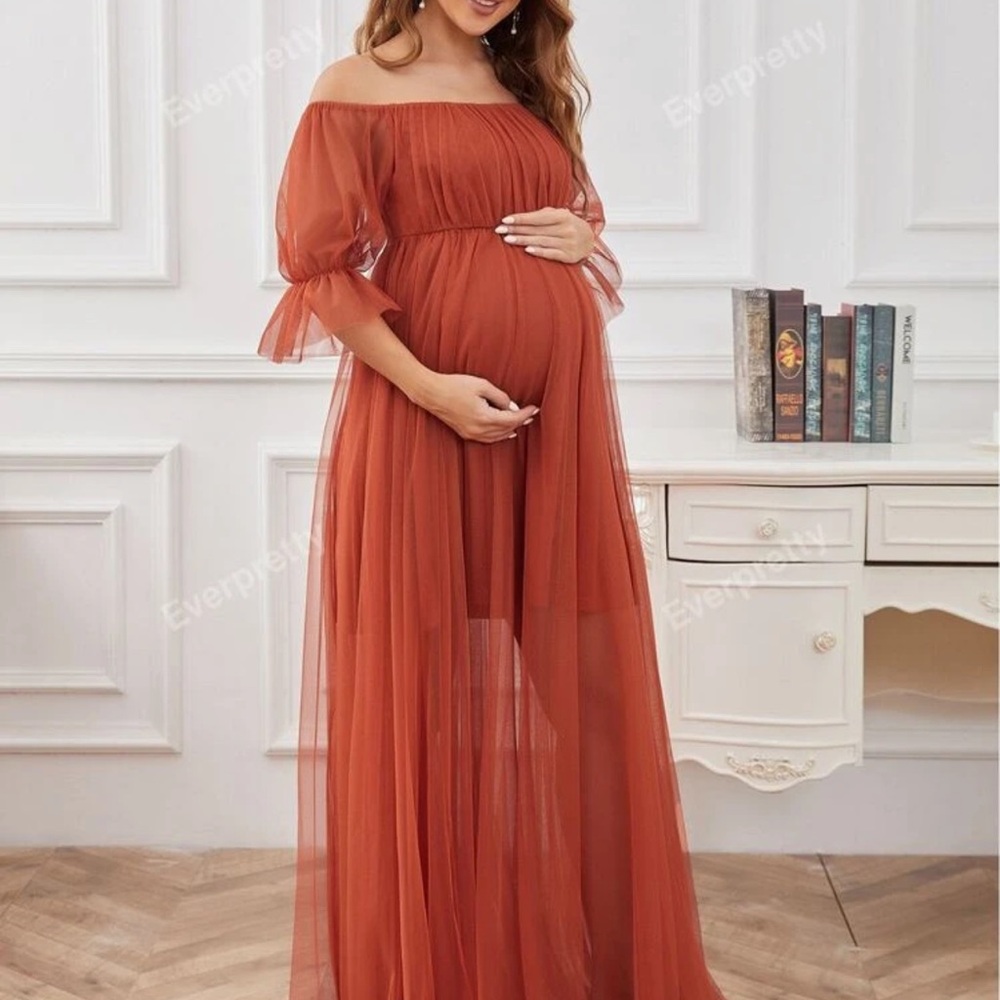 EVER-PRETTY Maternity Off
Shoulder Flounce Sleeve Mesh Dress, Elegant, For Party